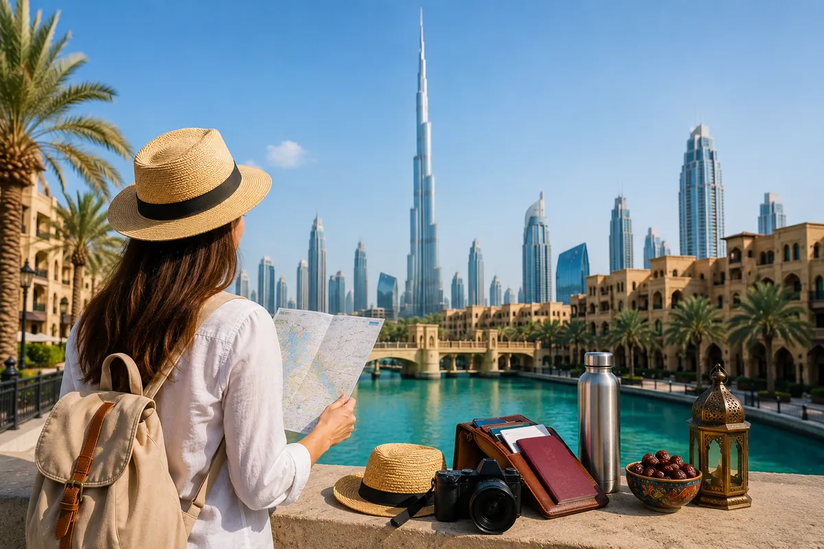 Dubai Travel Tips for First-Time Visitors guide with Dubai skyline attractions and tourists