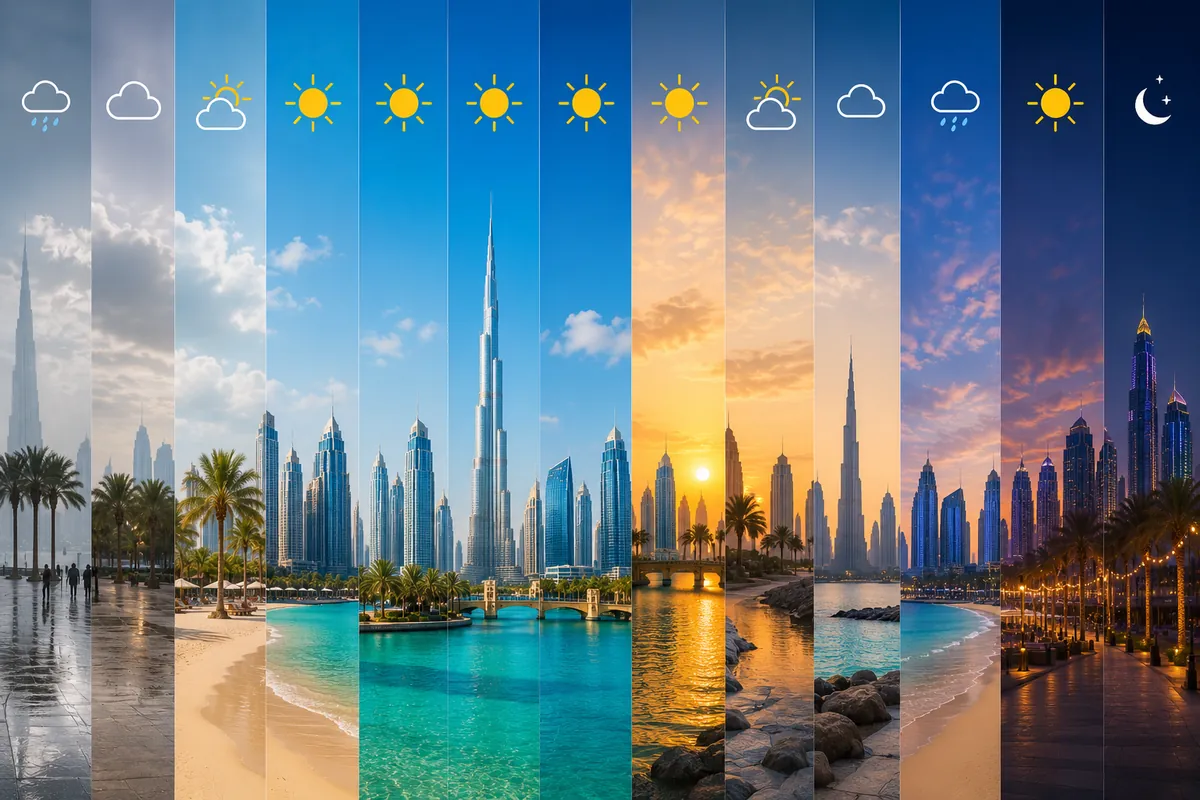 Dubai Weather by Month guide with Dubai skyline beach and desert travel weather