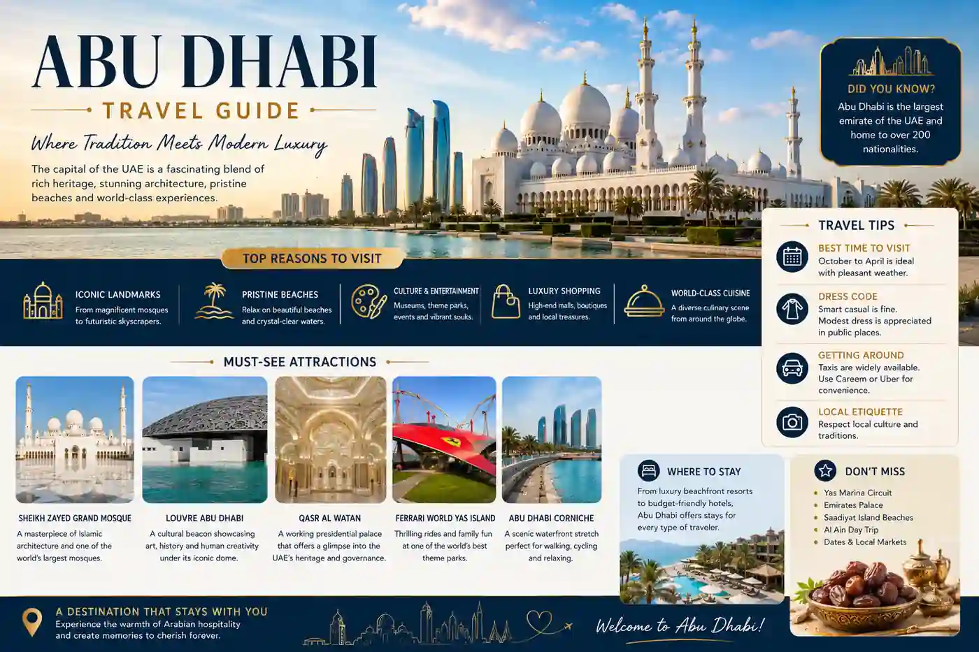 abu dhabi travel guide for tourists visiting Sheikh Zayed Grand Mosque Louvre Abu Dhabi and Yas Island