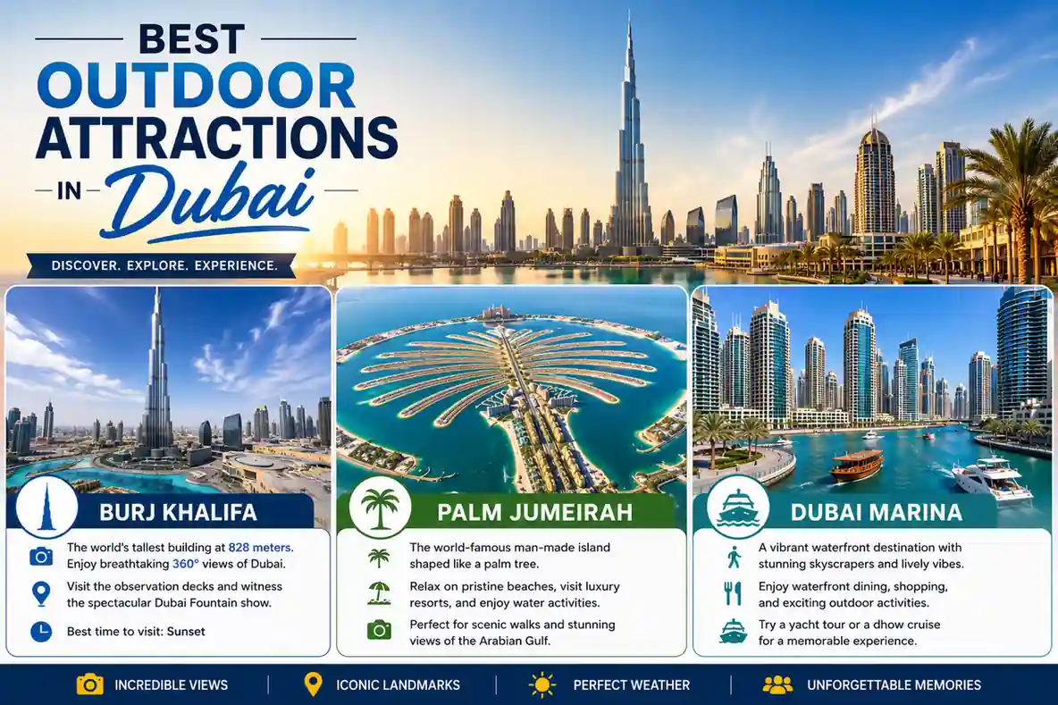Best Outdoor Attractions in Dubai with skyline Palm Jumeirah desert and sightseeing routes