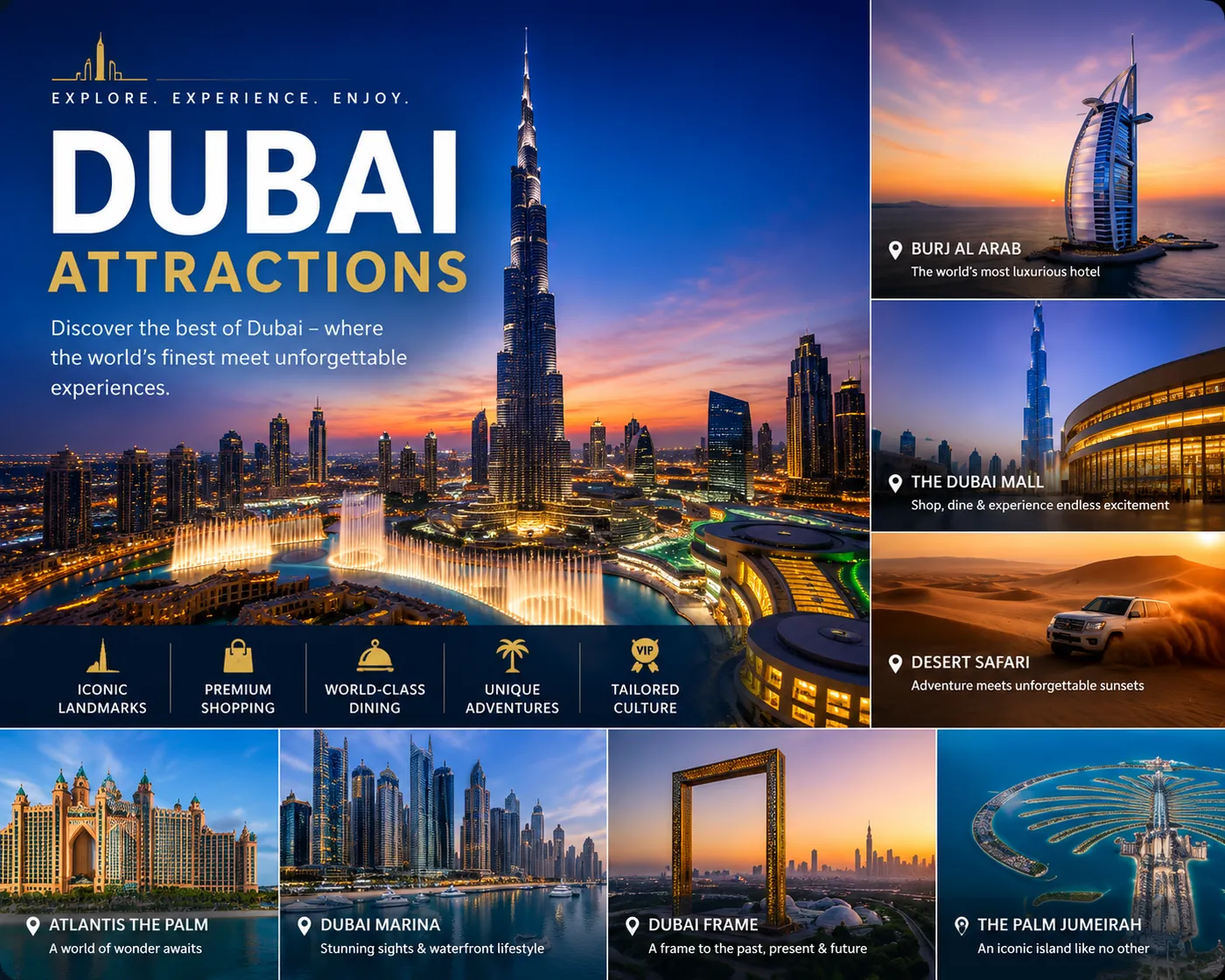 Best Dubai attractions including Burj Khalifa Palm Jumeirah Dubai Marina and Old Dubai