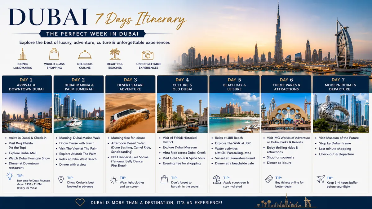 Dubai Itinerary 7 Days travel guide with Dubai skyline Burj Khalifa Palm Jumeirah desert and Abu Dhabi attractions