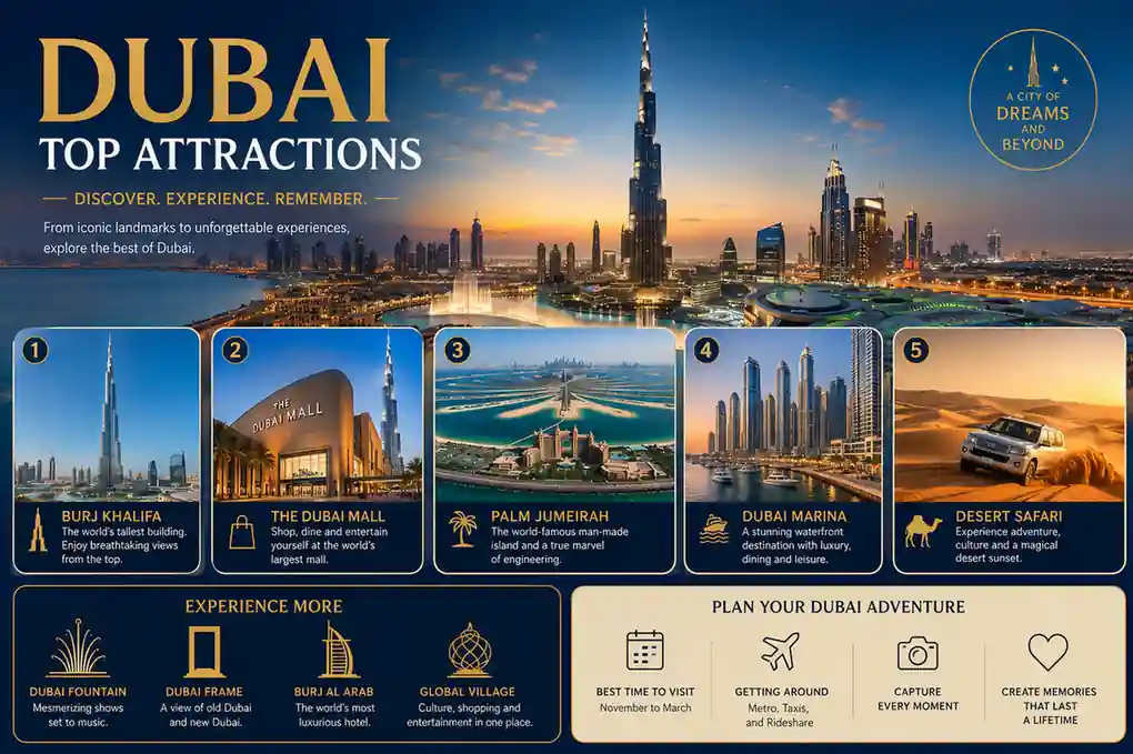 Dubai top attractions guide with skyline, beaches and family attractions