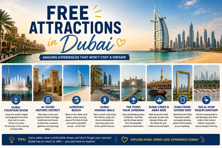 free attractions in dubai guide for tourists visiting Dubai Fountain Dubai Creek beaches souks and Old Dubai