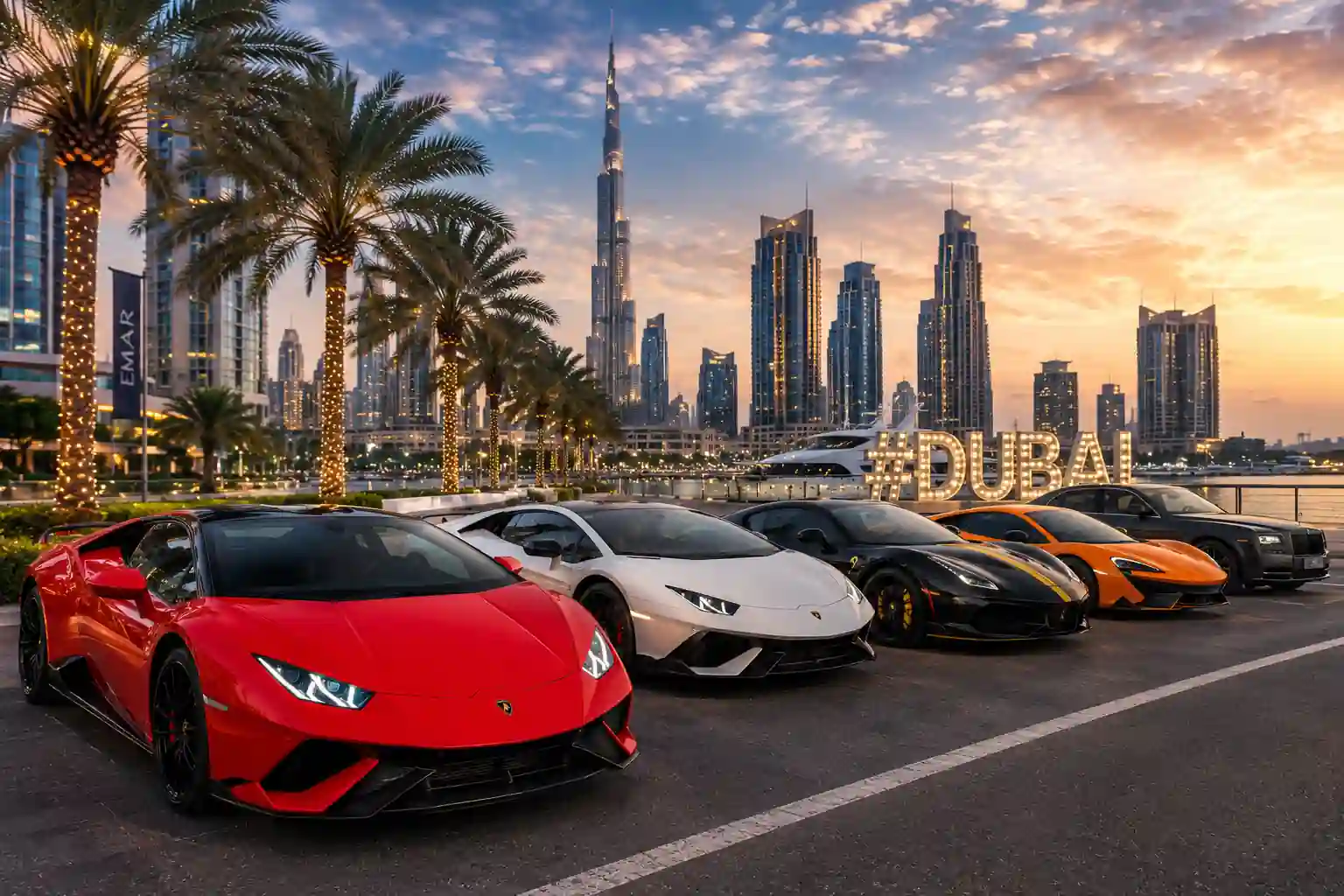 Luxury car showroom in Dubai with Ferrari Lamborghini Bugatti and Rolls Royce